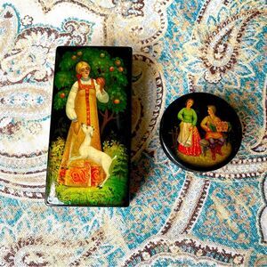 Lacquered Trinket Boxes Hand Painted Signed Eastern European Set Of 2 Vintage